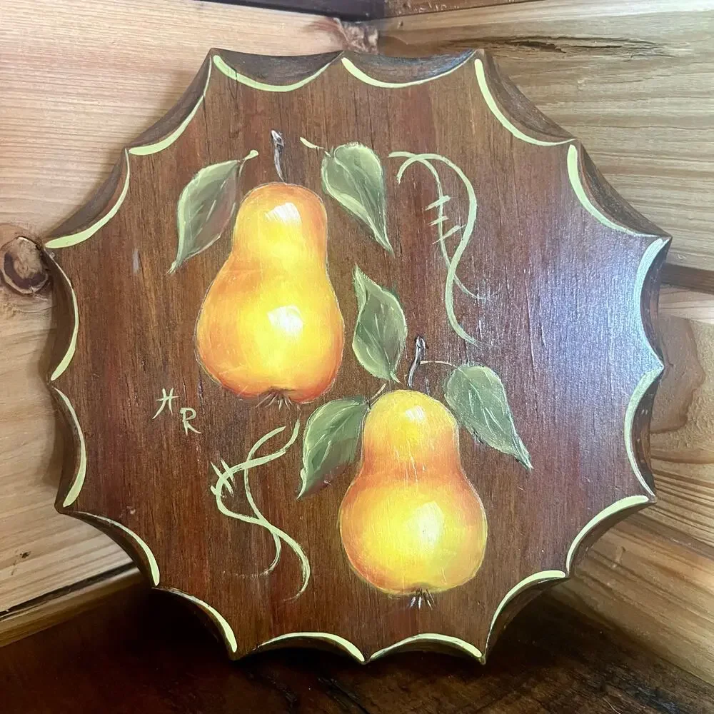 Vintage 70s Hand Painted Pear Wall Plaque Folk Art Signed Texas Kitchen Decor